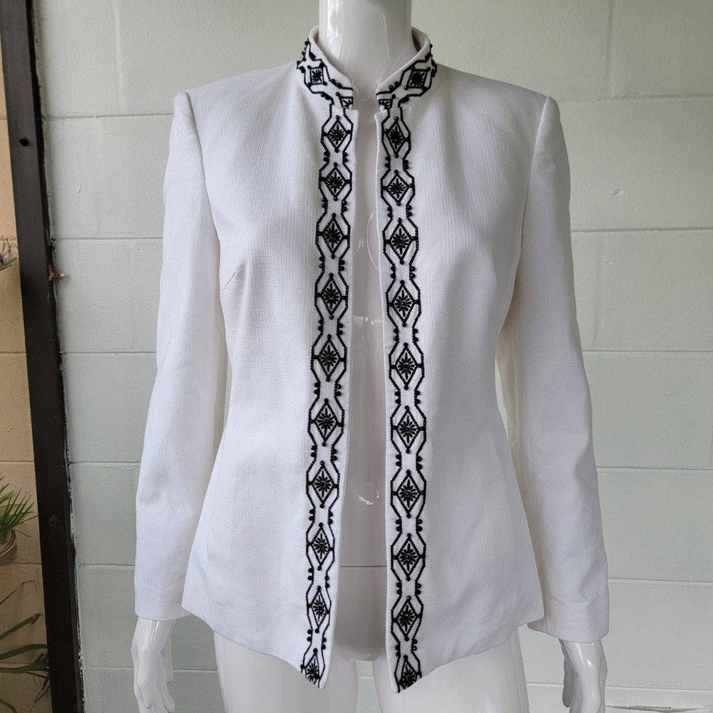 Talbots Open White Jacket Embroidered Beaded Women 6P Classic Chic Boho Luxe